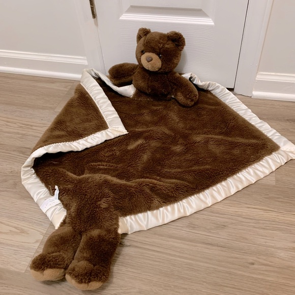 Vintage Satin Trim Teddy Bear Plush Blanket Bear Rug - Brown - Cream - 26”x26” - Picture 1 of 8